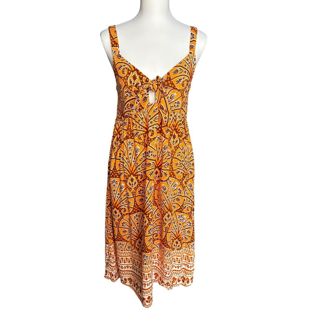Knox Rose Boho Paisley Midi Dress Orange Brown Tie Front Pockets Medium
